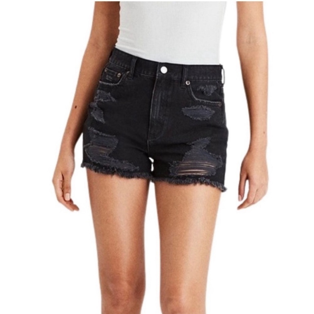 American Eagle High Rise Mom Jean Shorts Distressed Cutoff Size 4 Black Festival